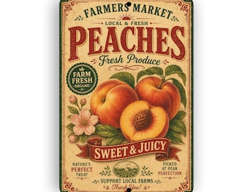 Farmers Market Peaches Sign - 50's Style Fruit Sign - Farmhouse-Style Kitchen