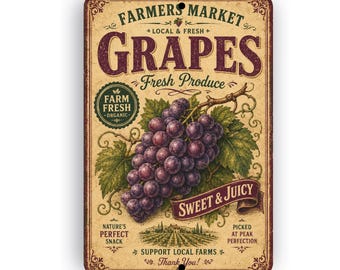 Farmers Market Grapes Sign - 50's Style Fruit Sign - Farmhouse-Style Kitchen