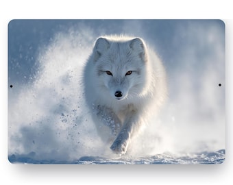 White Arctic Fox Metal Print Sign, Fox Wildlife Wall Art, Rustic Cabin Lodge Decor, Arctic Animal Aluminum Sign
