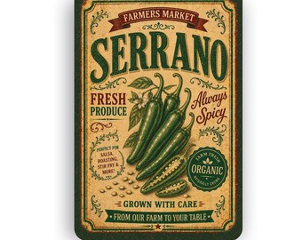 Botanical Serrano Wall Sign | Vintage Nature Garden Art | Farmhouse Cottagecore Decor | Aluminum Metal Sign | Rustic Kitchen Gift