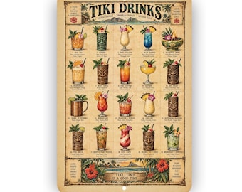 Tiki Drinks Aluminum Sign – Vintage Tropical Cocktail Guide Wall Decor