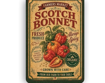 Botanical Scotch Bonnet Wall Sign | Vintage Nature Garden Art | Farmhouse Cottagecore Decor | Aluminum Metal Sign | Rustic Kitchen Gift