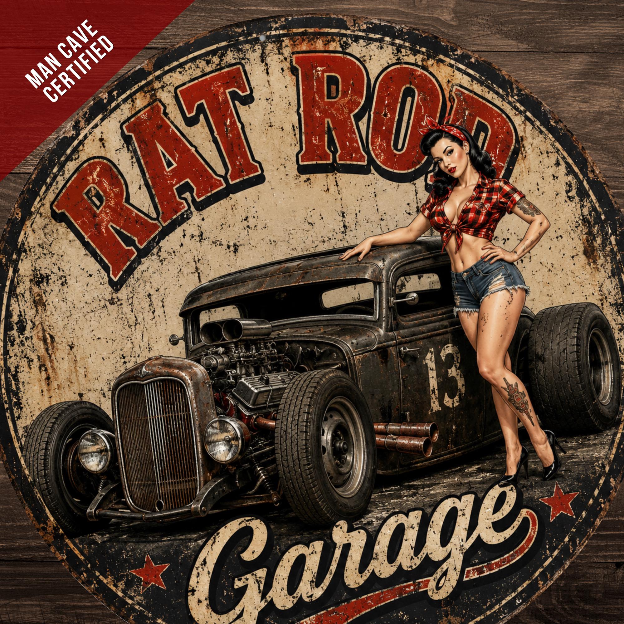 Rat Rod Garage Metal Sign, Vintage Hot Rod Garage Decor, Pin up