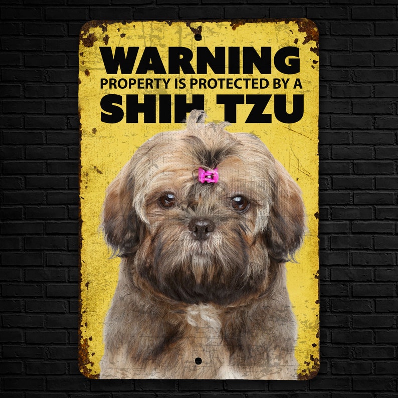 May include: Yellow warning sign with the text "WARNING PROPERTY IS PROTECTED BY A SHIH TZU" and a picture of a Shih Tzu dog with a pink bow.