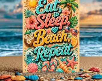 Eat Sleep Beach Repeat Sign, Beach Vibes Wall Decor, Tropical Coastal Decor, Summer Beach Sign, Aluminum Beach Sign, Tiki Bar