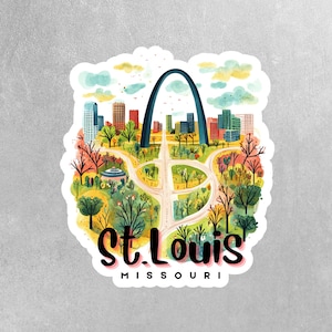May include: A colorful illustration of the St. Louis Arch and cityscape with the text "St. Louis, Missouri".