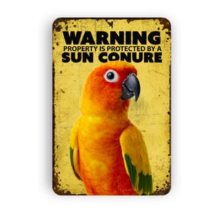 May include: A rectangular metal sign with a distressed yellow background featuring a bright orange and yellow sun conure parrot. The text reads WARNING PROPERTY IS PROTECTED BY A SUN CONURE in bold black capital letters at the top of the sign.