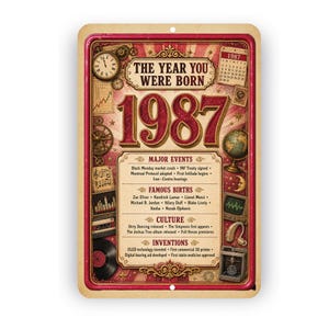 May include: A rectangular metal sign with a vintage aesthetic featuring the text THE YEAR YOU WERE BORN 1987. The design includes a calendar, a clock, a globe, and lists of major events, famous births, cultural milestones, and inventions from 1987.