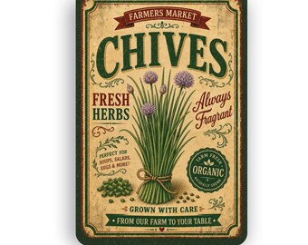 Botanical Chives Wall Sign | Vintage Nature Garden Art | Farmhouse Cottagecore Decor | Aluminum Metal Sign | Rustic Kitchen Gift
