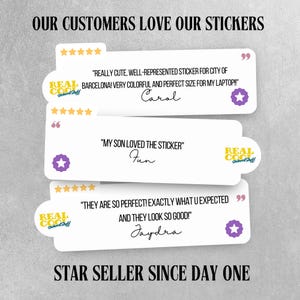 May include: Three customer reviews for stickers. The reviews are positive and include quotes from customers. The reviews are displayed on a white background with a star rating and a logo that says "Real Cool Sticker Stuff".