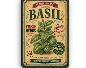 Botanical Basil Wall Sign | Vintage Nature Garden Art | Farmhouse Cottagecore Decor | Aluminum Metal Sign | Rustic Kitchen Gift