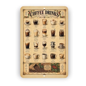 May include: A rectangular metal sign with a vintage-style beige background featuring a grid of fifteen coffee drinks, each labeled with its name and description. The text reads COFFEE DRINKS at the top and GOOD COFFEE BRIGHTER DAYS at the bottom.