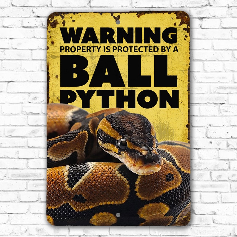 May include: Yellow warning sign with black text that reads "WARNING PROPERTY IS PROTECTED BY A BALL PYTHON". A ball python is pictured on the sign.