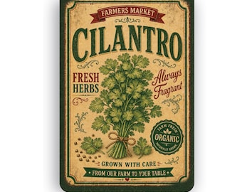 Botanical Cilantro Wall Sign | Vintage Nature Garden Art | Farmhouse Cottagecore Decor | Aluminum Metal Sign | Rustic Kitchen Gift