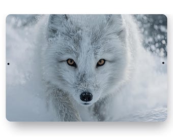 White Arctic Fox Metal Print Sign, Fox Wildlife Wall Art, Rustic Cabin Lodge Decor, Arctic Animal Aluminum Sign