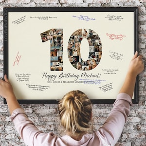 Décoration 10e anniversaire fille garçon, livre cadeau 10e anniversaire collage photo, bannière de fête d'anniversaire 10 ans, poster d'invitation 10e anniversaire