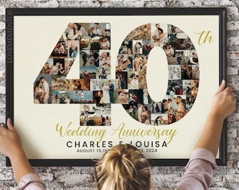 Può includere: Un poster di collage fotografico per il 40° anniversario di matrimonio con sfondo dorato. I numeri 40 sono composti da foto di una coppia. Il testo sottostante recita "Anniversario di matrimonio Charles & Louisa 19 agosto 1982 - 19 agosto 2024".