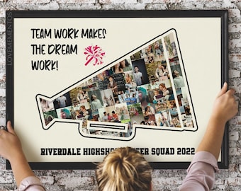 May include: A black and white megaphone-shaped collage with the text "Team work makes the dream work!" and "Riverdale High School Cheer Squad 2022". The collage is made up of many small photos of people.