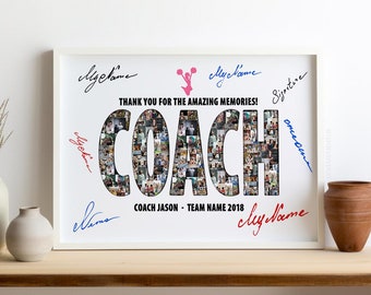 Può includere: Un collage di foto incorniciato bianco con la parola "COACH" scritta in foto. Le foto sono di una squadra e del loro allenatore. Il testo "THANK YOU FOR THE AMAZING MEMORIES!" è sopra il collage. Il testo "COACH JASON - TEAM NAME 2018" è sotto il collage. Ci sono diverse firme sulla foto.