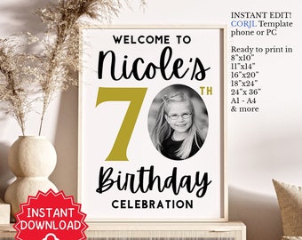 Décoration de fête 70e anniversaire, panneau de bienvenue 70e anniversaire, cadeau surprise 70e anniversaire, poster d'invitation 70e anniversaire grand-mère grand-père