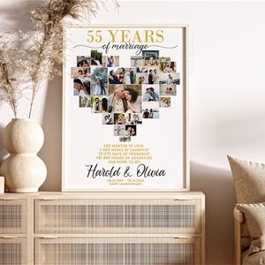 Presente de 55º aniversário para pais, presente personalizado de 55º aniversário de casamento para casais, colagem de coração, 55 anos de casamento, decoração de aniversário