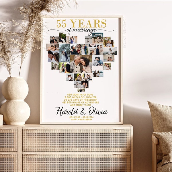 Cadeau 55e anniversaire de mariage pour parents, cadeau personnalisé 55e anniversaire de mariage pour couple, collage coeur, 55 ans de mariage, décoration d'anniversaire