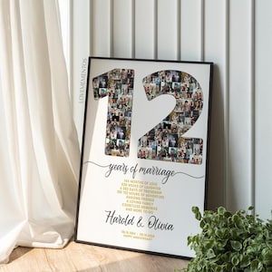 12 anos de casamento, cartão de presente de 12º aniversário para marido e mulher, presente de 12º aniversário de casamento para ele e ela, contagem regressiva de imagem svg de 12 anos