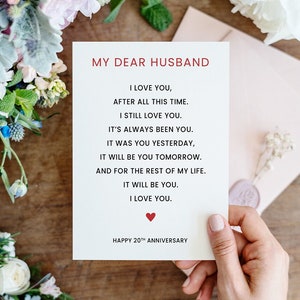 Tarjeta del 20 aniversario para el esposo, tarjeta de aniversario imprimible para el esposo de la esposa, 20 años de matrimonio, a la tarjeta de felicitación de mi querido esposo