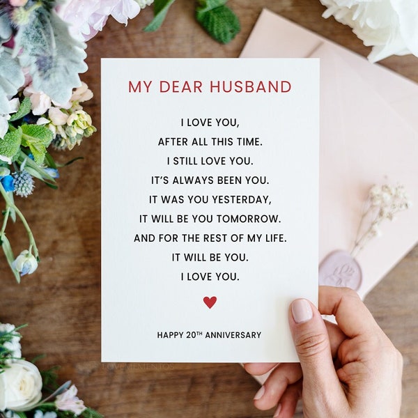 20th Anniversary Card for Husband, Printable Anniversary Card for Husband from Wife, 20 Years of Marriage, to my dear husband greeting card