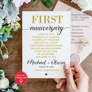 1e verjaardagskaart, papieren jubileumcadeau man vrouw, 1-jarig jubileumcadeau voor hem hier, afdrukbare bewerkbare kaart 1e verjaardag