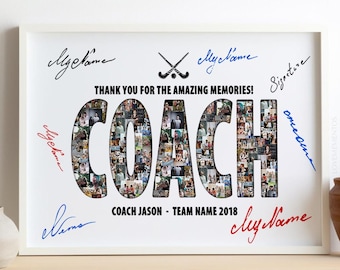 May include: A framed photo collage of a hockey team with the word "COACH" spelled out in photos. The photo is signed by the team members with the text "Thank you for the amazing memories!" and "Coach Jason - Team Name 2018".