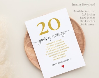 Tarjeta de 20.º aniversario, tarjeta imprimible de aniversario de bodas para parejas, tarjeta de felicitación de 20.º aniversario para esposo y esposa.