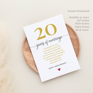 Tarjeta del 20 aniversario, tarjeta de aniversario de boda imprimible de 20 años para parejas, tarjeta de felicitación del 20 aniversario para el esposo, aniversario de la esposa