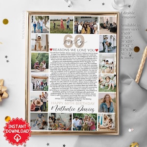 May include: A framed photo collage with family photos, text that reads "60 Reasons We Love You," and "Happy 60th Birthday Nathalie Davies." The collage is a personalized gift, available in various sizes, and is an instant download.