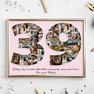 39th Birthday Gift for Her & Him, 39 Year Old Gift for Men Women, Happy 39th Birthday Party Decoration Invitation Card, Personalized Collage