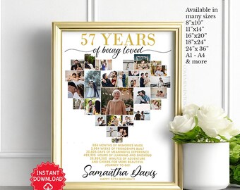 57th Birthday Heart Photo Collage Editable Template, 57th Birthday Gift for Man Woman, 57th Birthday Decorations Invitation, 57 years loved