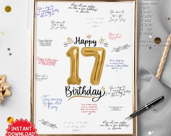 Printable 17th Birthday Decorations, 17th Birthday Guest Book, 17th Birthday Party Welcome Sign Banner Poster, 17th Birthday Theme Ideas