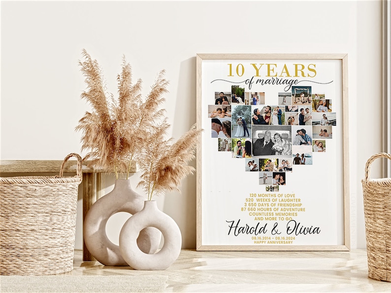 May include: A white poster with a gold heart-shaped collage of photos celebrating a 10th wedding anniversary. The text "10 YEARS of marriage" is at the top of the poster. Below the collage, the poster lists the number of months, weeks, days, hours, and memories the couple has shared. The names "Harold & Olivia" and the dates "08.16.2014 - 08.16.2024" are printed below the list. The text "HAPPY ANNIVERSARY" is at the bottom of the poster.