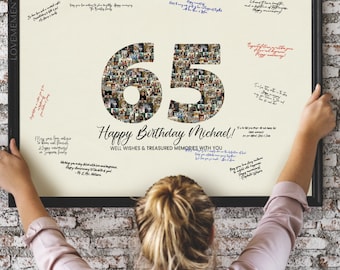 May include: A white poster with a photo mosaic of the number 65. The poster is framed in black and has the words "Happy Birthday Michael! Well Wishes & Treasured Memories With You" written below the number.