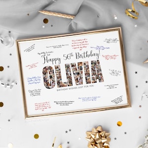 Benutzerdefinierte 56. Geburtstag Gastschild Namenscollage, 56. Geburtstag Partydekoration, 56. Geburtstag Banner Thema Einladung, 56 Geburtstag Mann Frau