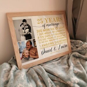 Peut inclure: Une impression encadr&eacute;e c&eacute;l&eacute;brant 25 ans de mariage avec des photos d'un couple et le texte "25 Years of Marriage 300 Months of Love 1 304 Weeks of Laughter 9 125 Days of Friendship 219 000 Hours of Adventure 13 140 000 Minutes of Kindness 1 Amazing Daughter Countless Memories and More to Go Daniel & Laura 08.16.1998 - 08.16.2023"