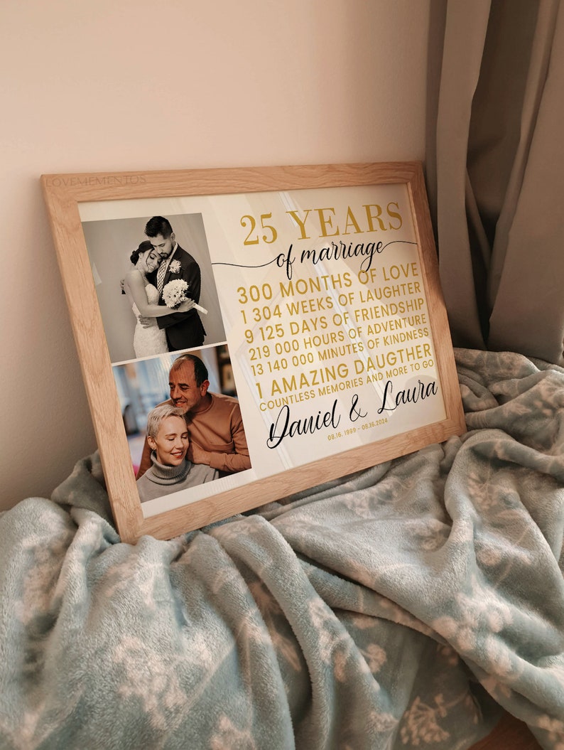 Peut inclure: Une impression encadr&eacute;e c&eacute;l&eacute;brant 25 ans de mariage avec des photos d'un couple et le texte "25 Years of Marriage 300 Months of Love 1 304 Weeks of Laughter 9 125 Days of Friendship 219 000 Hours of Adventure 13 140 000 Minutes of Kindness 1 Amazing Daughter Countless Memories and More to Go Daniel & Laura 08.16.1998 - 08.16.2023"