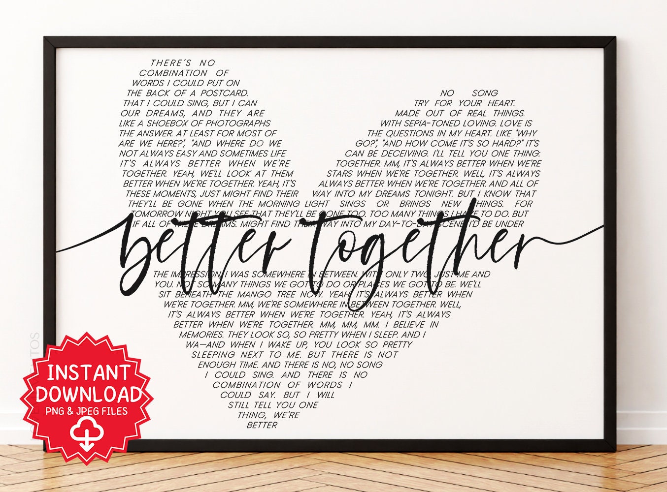 Better Together jack Johnson  Song Lyrics Digital Printable, Wedding Song, First Dance Song, Valentines, Anniversary, Romantic Gift for Him