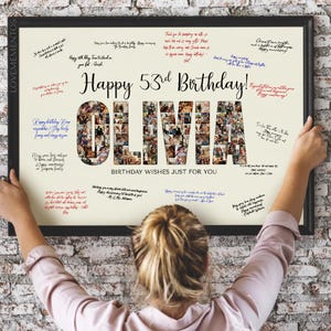 Puede incluir: Un cartel de cumpleaños enmarcado con las palabras "Happy 53rd Birthday! Olivia" en letras grandes. El nombre "Olivia" está lleno de un collage de fotos. La impresión incluye deseos de cumpleaños escritos a mano.