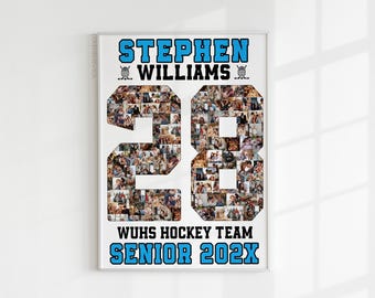 May include: A white poster with a blue and black hockey jersey design. The jersey has the name "Stephen Williams" and the number "28" made of photos. The text "WUHS Hockey Team Senior 202X" is at the bottom.