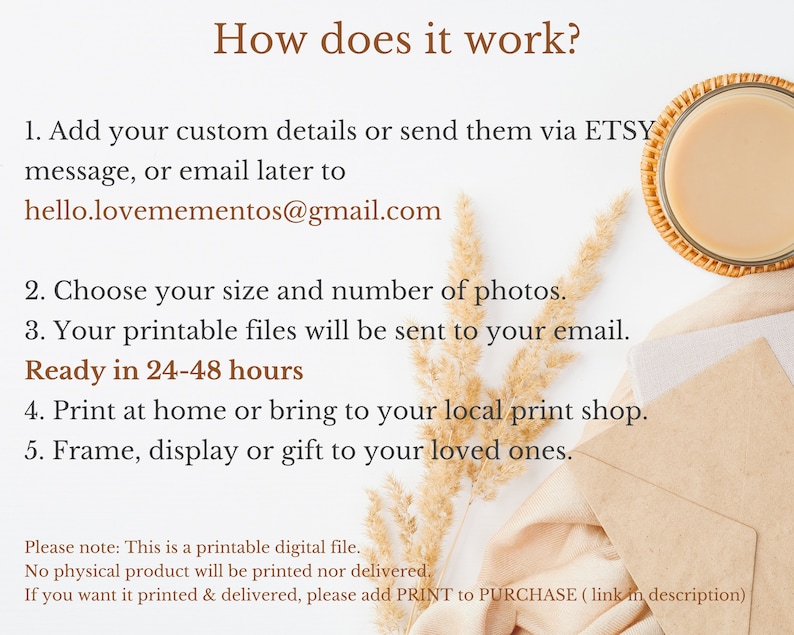 May include: How to order printable files: add custom details, choose size and number of photos, receive files within 24-48 hours, print at home or a local print shop, and frame or gift.  "Please note: This is a printable digital file. No physical product will be printed nor delivered. If you want it printed & delivered, please add PRINT to PURCHASE (link in description)"