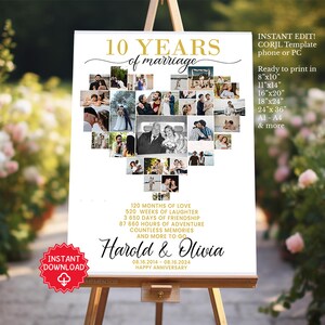 May include: A white poster with a gold heart filled with photos of a couple celebrating their 10th wedding anniversary. The poster reads "10 Years of Marriage" and "Harold & Olivia" with the dates "08.16.2014 - 08.16.2024". The poster also includes a list of milestones in their relationship, such as "120 Months of Love", "520 Weeks of Laughter", and "Countless Memories".