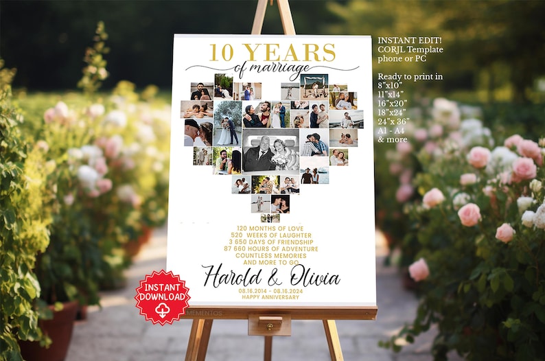 May include: A white poster with a gold heart filled with photos of a couple celebrating their 10th wedding anniversary. The poster reads "10 Years of Marriage" and "Harold & Olivia" with the dates "08.16.2014 - 08.16.2024". The poster also includes a list of milestones in their relationship, such as "120 Months of Love", "520 Weeks of Laughter", and "Countless Memories".