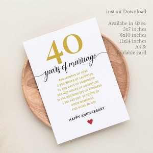 Cartão de aniversário de 40 anos, cartão de aniversário de casamento de 40 anos para impressão para casais, cartão de felicitações de 40 anos para marido, esposa, pais