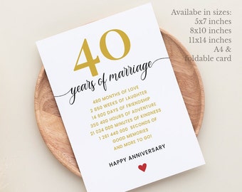 40th Anniversary Card, Printable 40 Years Wedding Anniversary Card for Couples, 40th Anniversary Greeting Card for Husband, Wife, Parents